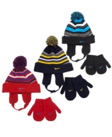 Bundle up your little boy in these stylishly striped hat and mitten sets from Nike. (Clearance)