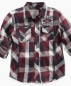 Front pockets on this plaid shirt from Guess offer a touch of style that makes it easy to wear whether his style is preppy or relaxed.