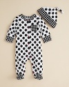 Make her baby style really pop! Bold polka dots put an eye-catching spin on this cozy coverall and hat set.