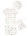 A gorgeous, very gift-able infant set, including a printed hat, tee and bloomer--all bundled in a matching drawstring bag.