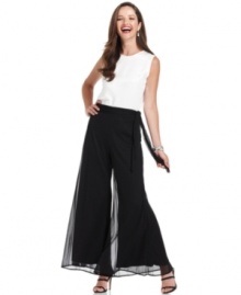 These evening pants from Onyx are effortlessly elegant with a wide, flare-leg silhouette and sheer chiffon overlay.