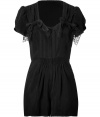 Add a stylish impact to your cocktail party look with this adorable jumpsuit from Anna Sui - Rounded neckline with lace bow details, puffed short sleeves, shirred waist, mini length, off-seam pockets, front zip closure - Style with peep-toe platforms and a statement clutch