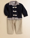 A cool set for the baby prep, featuring a check shirt, toggle sweater and cute corduroy pants. Shirt Point collarButton frontLong sleeves with button cuffsCurved hemPolyester Sweater V-neckToggle closureRibbed trim Pants Pull-on styleCottonMachine washImported Please note: Number of buttons may vary depending on size ordered. 