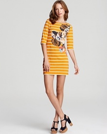 An oversize floral graphic packs a color punch on this cheerfully striped French Connection dress.