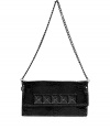 Bring hard-edge glamour to cocktail looks with this pyramid stud accented python embossed clutch from MICHAEL Michael Kors - Rectangular shape, flap with black crystal embellished pyramid studs, removable chain-link shoulder strap, glossy black python embossed leather, inside front wall slot pocket - Style with a form-fitting cocktail dress, a leather jacket, and platform pumps