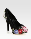 Beautiful embroidered floral tapestry freshens this suede platform pump. Self-covered heel, 3¼ (80mm)Hidden platform, ¾ (20mm)Compares to a 2½ heel (65mm)Suede and tapestry upperLeather lining and solePadded insoleMade in Italy