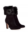 A luxurious fur cuff elevates these stylish suede booties from LAutre Chose - Round toe, mid-heel, side zip closure, rabbit fur cuff - Wear with a cocktail dress or mini skirt