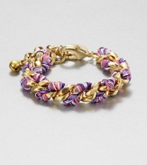 A radiant link chain wrapped with multi-colored thread for a truly unique and colorful style. Polyester threadGoldtone brassLength, about 6Lobster clasp closureMade in USA