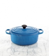 One-pot perfection! The best addition for small families, this enameled cast iron oven packs your kitchen with even greater precision and performance than ever before. Perfect for prepping smaller game or poultry, like quail, cornish hen and chicken, this Signature piece masters slow cooking, evenly distributing and retaining heat and moving effortlessly from oven to table. Lifetime warranty.