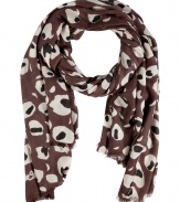 Finish your outfit on a contemporary-cool note with Diane von Furstenbergs eye-catching tiger eye printed cashmere scarf - Allover print, frayed ends - Wear inside over colorful knit pullovers, or outside with edgy leather jackets