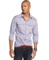 You are a solider of style, battle boring button downs with this handsome oxford military shirt by Marc Ecko Cut & Sew.