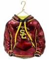 Fitting for USC alum, this hand-painted hoodie ornament trims the tree in Trojan red and gold. Glitter amps up the school and holiday spirit.