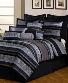 Ladylike lace, velvety ruffles and intriguing textures come together in midnight hues for a look that's all about mystery in the Noir Black comforter set. Featuring five decorative pillows, each embellished with unique details, as well as a quilted coverlet for an impressive ensemble with a stylish allure. (Clearance)