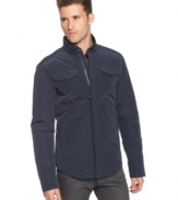 A jacket as slim-lined and easy to wear as a shirt: Armani Jeans shirt-jacket with concealed zip up closure, military-inspired chest pockets, and standing collar.