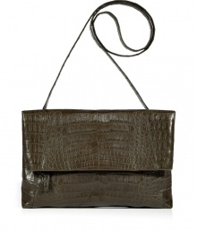 Invest in multi-season sophistication with Nancy Gonzalezs sleek fold-over croco clutch, an ultra luxurious choice in elegant army - Fold-over with hidden magnetic snaps and zippered pocket underneath, back slit pocket with magnetic closure, inside zippered back wall pocket, tonal suede lining, removable shoulder strap - Carry as a finish to chic day and evening looks alike