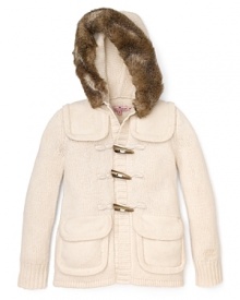 This traditional duffle coat gets a makeover, blending sweater details with a toggle closure and removable hood with faux-fur trim.