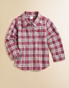 He'll look ultra-handsome in this classic plaid button-down shirt that's clearly too cool for school.Point collarLong sleeves with button cuffsButton-frontShirttail hemCottonMachine washImported Please note: Number of buttons may vary depending on size ordered. 