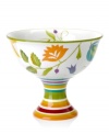 Featuring multicolored blooms on a pedestal of stripes, the Floral Stripe footed bowl from Clay Art accents tables with a double dose of color and style, all in dishwasher-safe earthenware.