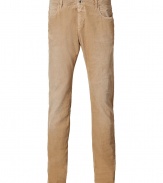 Stylish pants in fine beige cotton stretch blend - Ultra-fine wale corduroy - Slim, straight cut tapers at ankles - Lighter color through thighs - Classic five-pocket styling with belt loops and button closure - A cool, comfortable basic that is truly versatile - Pair with pullovers, button downs and blazers and style with lace-up boots or oxfords