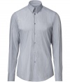 Elegant shirt  in a grey cotton blend - Fine stripes - Modern slim and fitted cut, with a small spread collar - Quite simple with no chest pocket - Particularly comfortable thanks to the stretch content - An all-rounder that is suitable for suits, jeans or corduroys - Perfect for leisure and the office