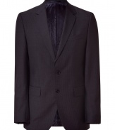 Inject urbane sophistication to your workweek style with this luxe wool pinstripe blazer from Baldessarini - Notched lapels, two-button closure, single chest pocket and two waist flap pockets, slim fit, pinstripe print - Style with matching pants, a printed button down, and classic lace up brogues