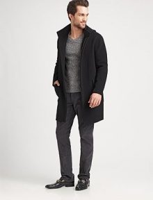 A stylish jacket made from an impeccable combination of wool and cashmere.Attached hoodConcealed zipper frontPatch pocketsAbout 37 from shoulder to hem90% wool/10% cashmereDry cleanImported