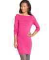 Flaunt your curves in Planet Gold's rhinestone-embellished sweater dress! A boat neckline dips slightly off the shoulders and brings kittenish style to a classic look.