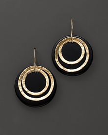 Black onyx disc drop earrings with hammered gold ring accents.