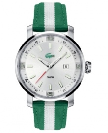 A classic Lacoste look. Green and white jacquard grosgrain strap with stainless steel case. Silvertone dial with date window and Lacoste logo. Three-hand, quartz movement. Water resistant to 50 meters.