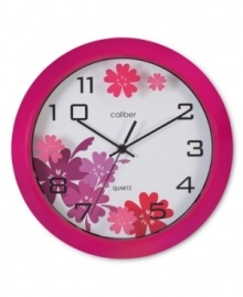 Turn back the clock with this fun, youthful wall clock. A magenta case and floral graphics on clear glass add fresh energy to bedroom walls. From Opal Clocks.