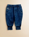 A cool and comfy pair featuring soft cotton styled and washed like denim.Ribbed elastic waistbandPull-on styleFive-pocket styleRibbed cuffsCottonMachine washImported