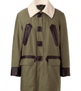 Super stylish Belgian green coat with removable collar from Marc by Marc Jacobs - Stay warm and look cool in this unbelievable coat - Contrasting welt pockets, sporty flap pockets, and removable collar - Pair with slim trousers, a cashmere pullover, and motorcycle boots