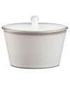 Subtly vintage-inspired design meets modern enhancement in this fine china sugar bowl. From innovative designer Monique Lhullier, it features a platinum-edged tiered scallop pattern on creamy white.