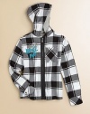 He'll want to live in this skateboarder-inspired hoodie with logo graffiti in a bold plaid pattern.Attached hoodLong sleeves with button cuffsZip-frontPatch pocketCottonMachine washImported