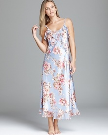 A floral print and ruffled trim lend relaxed elegance to this elegant nightgown from Oscar de la Renta Pink Label.