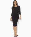 Creating a sleek and cinched silhouette, Lauren by Ralph Lauren's twisted knot detail dresses up the classic look of a long-sleeved dress, crafted from soft stretch jersey.