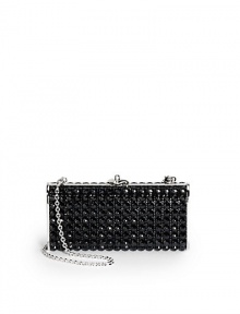 THE LOOKRemovable shoulder chainRectangular shapeEncrusted with jet black caviar Austrian crystalsPush-lock clasp closureInside logo detailTHE MEASUREMENTRemovable shoulder chain, 9 drop6W X 3H X 1¼DTHE MATERIALAustrian crystalsMetal boxMetallic leather liningORIGINImported