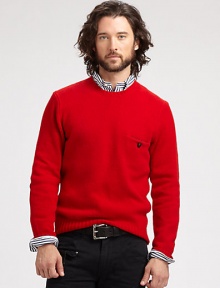 A Shetland wool crewneck sweater, a cold-weather staple for the dapper dressers of the English countryside for decades, gets an update with luxe suede elbow patches and a leather-button chest pocket.CrewneckRibbed knit collar, cuffs and hem90% merino wool/10% angora rabbit hairHand washImported