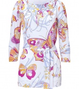 Flutter into spring style in Emilio Puccis butterfly print belted jersey top - Wide neckline, 3/4 sleeves, self-tie sash around the waist - Fitted - Pair with tailored trousers and bright pumps for a seamless transition from work to cocktails