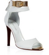 The sandal goes modern with this bold iteration from Sergio Rossi - Peep-toe, dual ankle strap with gold-tone detailing, stacked wooden heel, back zip closure - Style with a figure-hugging cocktail dress or skinny cropped trousers