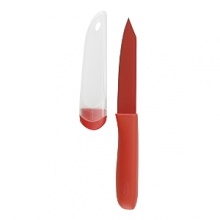 Comfortable and easy to use, this fine-edge knife is perfect for peeling and paring with its sharp, non-stick coated stainless steel blade. To add color to the kitchen, prevent cross-contamination and make it easy to find in a drawer, this 4-inch Paring Knife is available in red, blue, green, and yellow. The soft, comfortable handle won't slip, even when wet. A protective blade cover keeps the blade sharp and fingers safe.