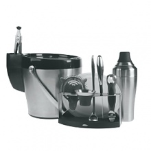 This 11-piece barware sets you up in style for entertaining, dinner parties or laid-back fun with friends. Set includes a strainer, jigger, mixing spoon, bottle opener, bar cutting board, stand, shaker, ice bucket, ice tongs and ice tong caddy.