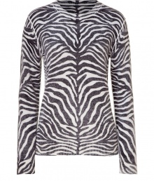 Luxe pullover in pure, black and white cashmere - Extremely soft, super-fine material feels great and looks just as good - Eye-catching, on-trend graphic zebra print - Slim cut tapers at waist, hits just below hips - Classic crew neck, piping detail at collar and shoulder seams - Dress up with a leather pencil skirt of wide-leg trousers - Go for a more casual look with skinny jeans and ballet flats