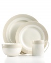 Versatility is king in the amazingly dishwasher- and oven-safe Classic Band place settings. Stick with clean lines in soft gray and white porcelain or mix and match with floral Lisbon dinnerware, also by Martha Stewart Collection.