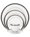 An instant classic, the Austin Platinum place setting from Noritake layers ribbons of black with patterned platinum bands and shimmering dots. White porcelain grounds the timeless dinnerware, a flawless choice for fine occasions.