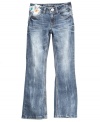 Hippie chic. A flared leg and floral embroidery give these jeans from Guess a vintage, 70's feel that she can stylishly sport any day of the week.