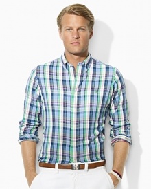 Rendered from brushed cotton twill for a soft, smooth hand, a trim-fitting sport shirt exudes preppy style in a bright plaid pattern.