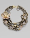 From the Grey Gardens Collection. A statement piece with pretty feminine details throughout in hand-crafted lucite, Swarovski crystals and rose quartz. Pearlized shell beadsSwarovski crystalsGoldtoneRose quartzGlass stonesHand-crafted luciteLength, about 1818k gold hook clasp closureMade in USA