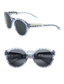 Following the brand's green initiatives, this sustainable design uses raw materials that stem from natural origins, yet retains its chic style with a print to match the Summer 2012 collection. Available in blue with grey gradient lens. Metal logo temples100% UV protectionImported