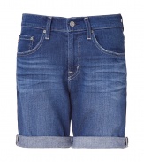 Stylish shorts in fine, medium blue cotton and lyocell blend - Soft, medium weight denim in a whiskered, antique rinse - Roomier, cuffed boyfriend cut sits higher at the waist and hits mid thigh - Classic five-pocket style with large belt loops, zip fly and button closure - A casually cool must in any summer wardrobe - Pair with tunics, t-shirts or silk tops and wedges or leather flats